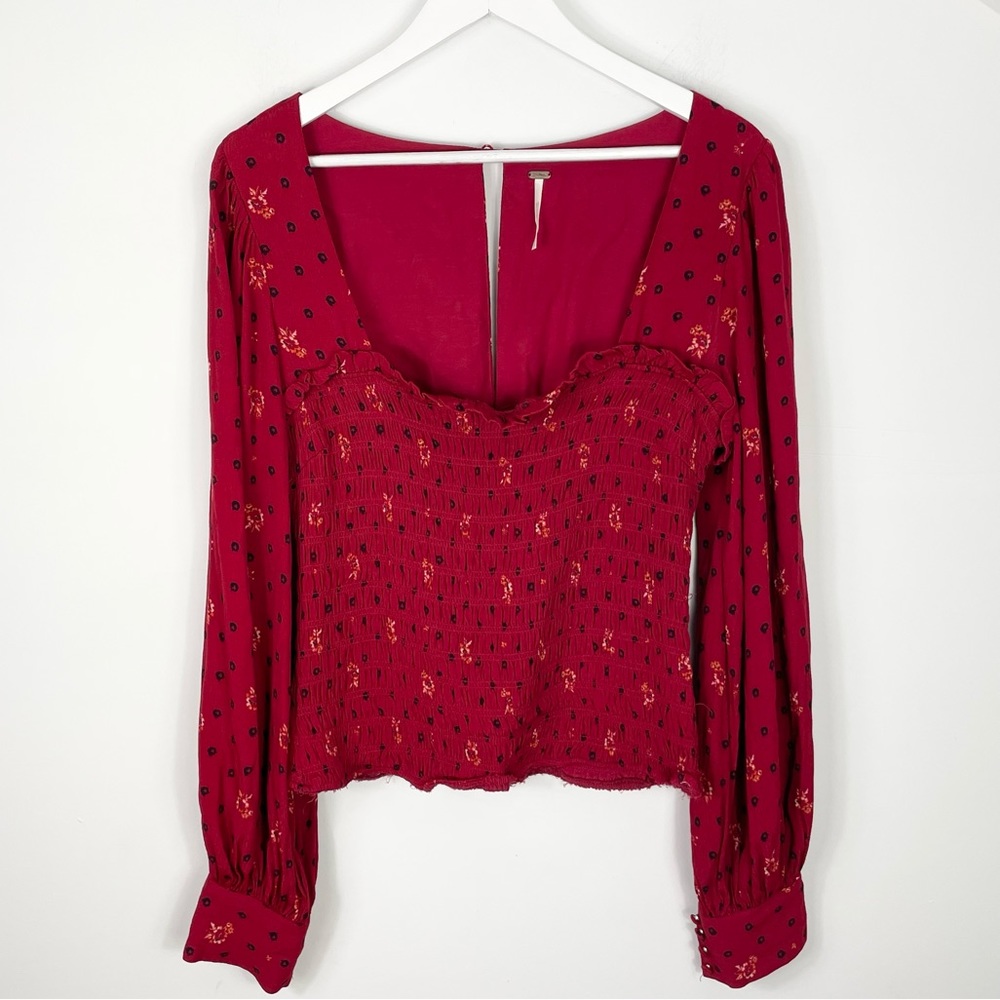 Free People Red Printed Long Sleeve Two Face Mini Dress Altered Into Blouse Sz M